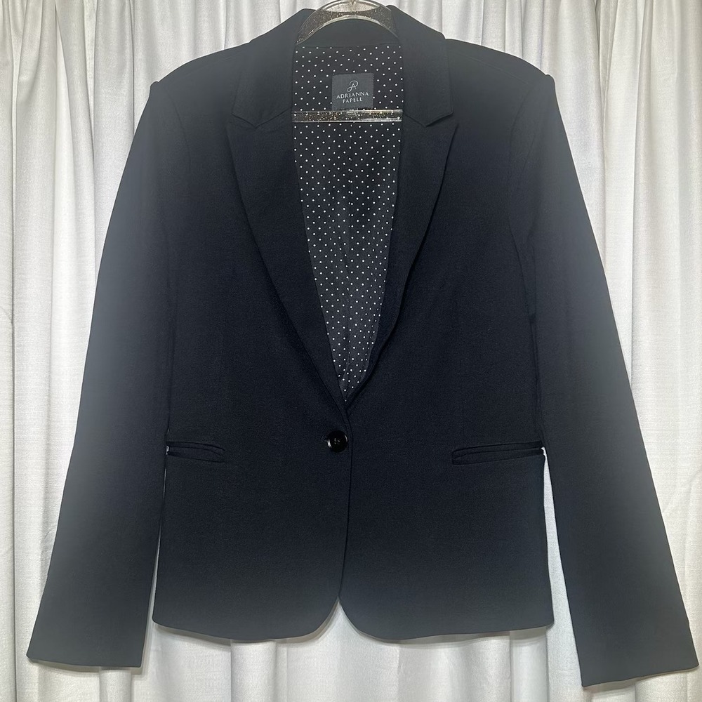 Adrianna Papell Black One Button Blazer Jacket P S Polka Dot Lined